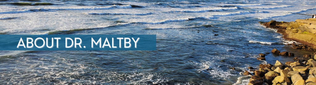 This web page’s cover photo is a banner that says, “About Dr. Maltby.” The photo behind the text is an ocean’s rocky shore.
